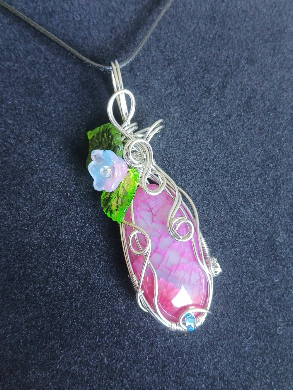 Pink dragon vein agate silver stainless steel wire wrapped necklace new handmade